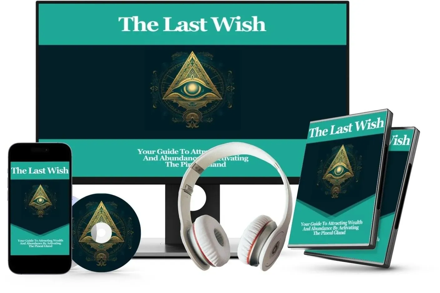 The Last Wish digital manifestation audio program product mockup showing headphones, phone, and CDs